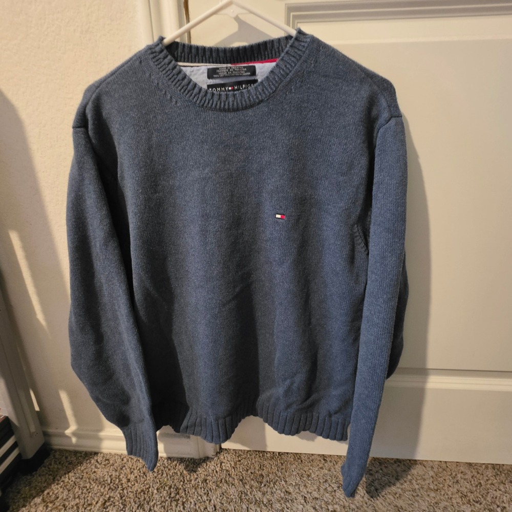Tommy Hilfiger Mens Blue Cotton Crewneck Sweater Size Medium Embroidered Logo - Picture 2 of 7